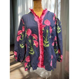 Boho Cotton Block Print Umgee Feminine Floral Ruffle Blouse Top